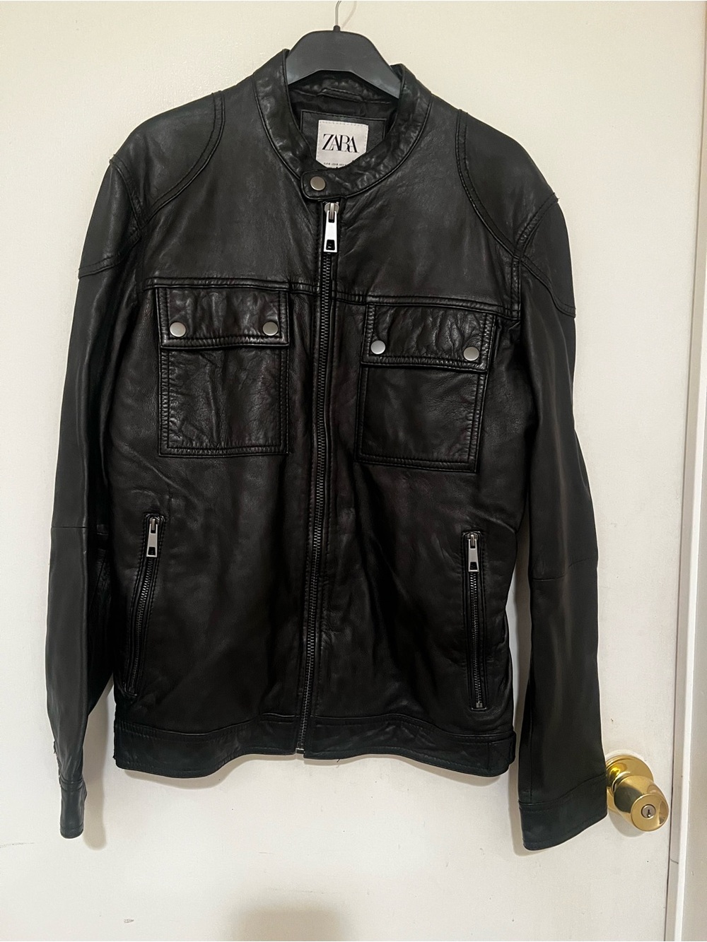 Zara Men's Black Leather Bomber Jacket